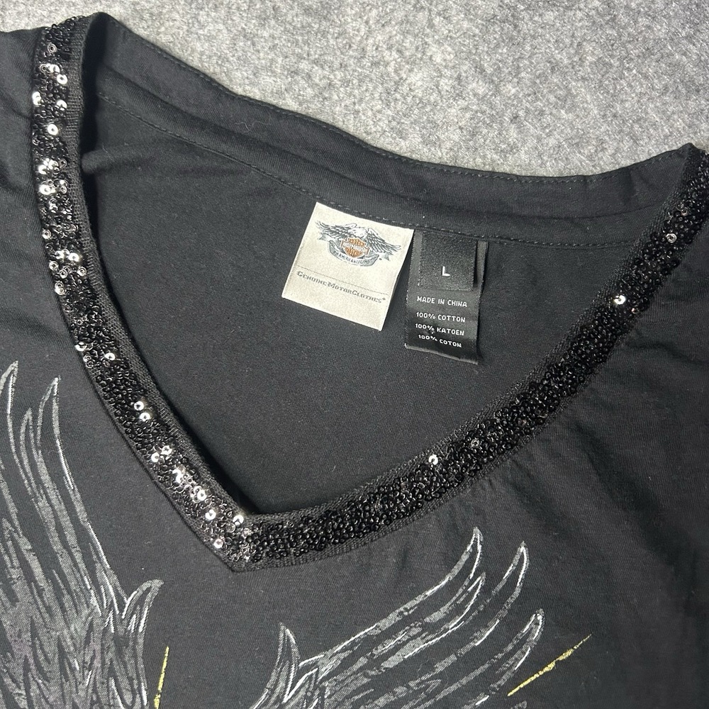 Harley Davidson Sequin Women's Large V Neck Skull Long Sleeve Black Shirt Y2k - Picture 4 of 9